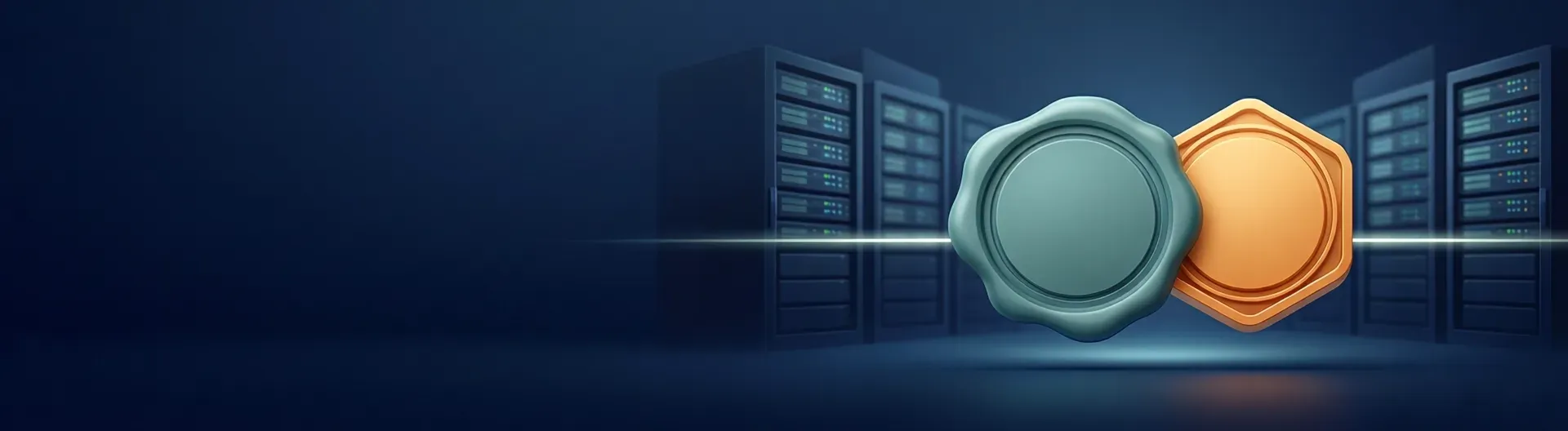 Dos insignias entrelazadas unidas por un puente de luz, ilustración sobre las diferencias entre ENS e ISO 27001