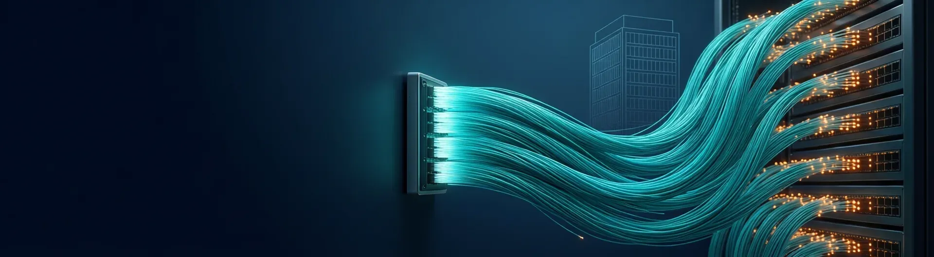 Haces de fibra óptica que salen de un repartidor y entran en un rack de red: instalación de fibra para empresas