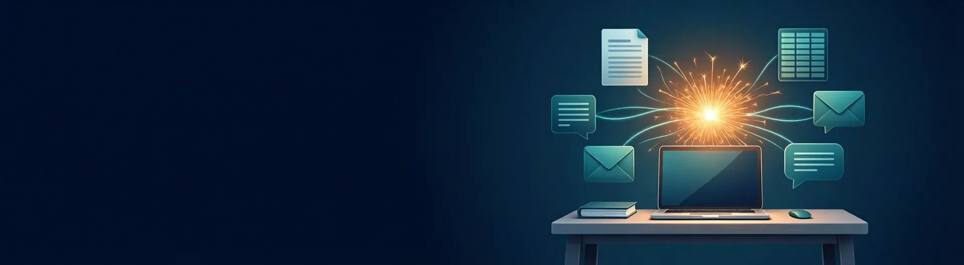 Asistente de IA sobre un portátil conectado con documentos, hojas de cálculo, correos y chats de la empresa