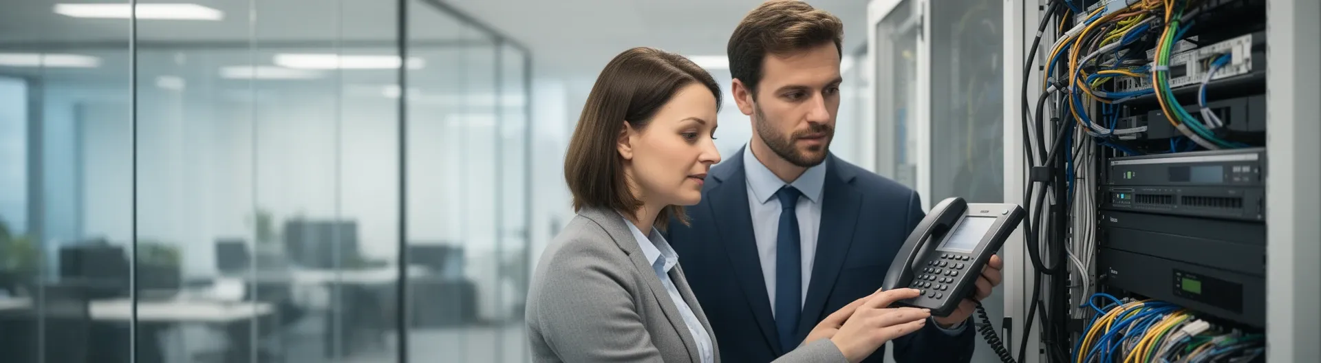 Modern office telecom server room professionals in