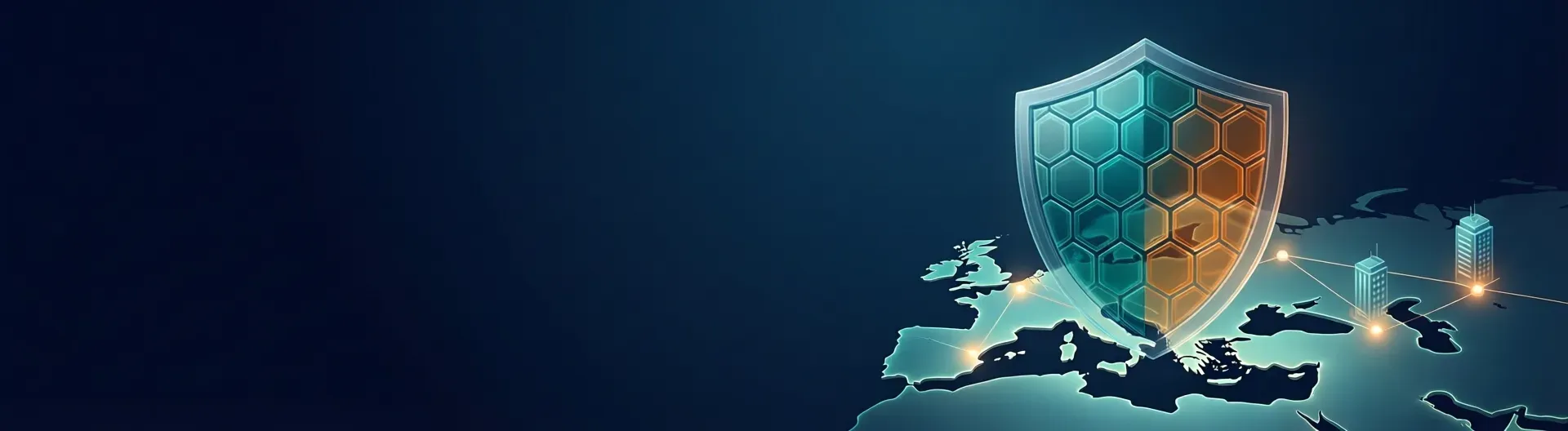 Escudo de hexágonos sobre um mapa abstrato da Europa com nós ligados, ilustração sobre cibersegurança e NIS2