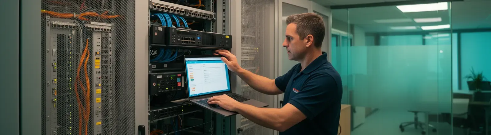 Engineer commissioning a rack-mounted server for business server installation services
