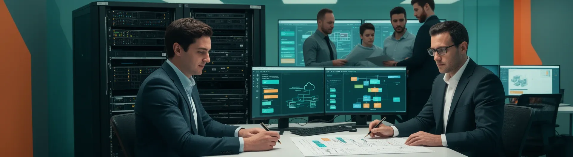 Cloud specialists reviewing a business migration and managed operations plan
