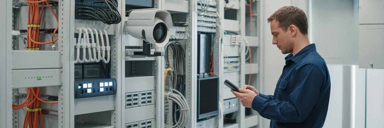 Tecnico monitorizando videovigilancia en edificios publicos