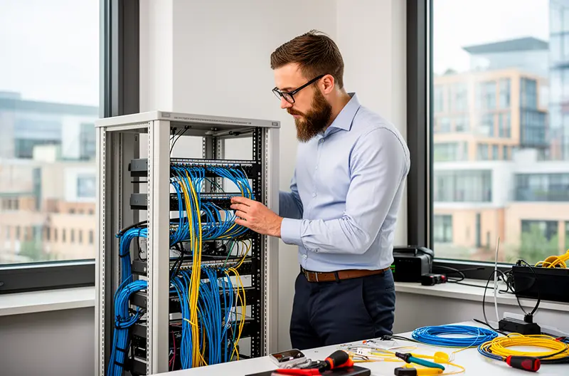 Técnico a instalar cabeamento estruturado num rack aberto em escritório com vista exterior Técnico a instalar cabeamento estruturado num rack aberto em escritório com vista exterior