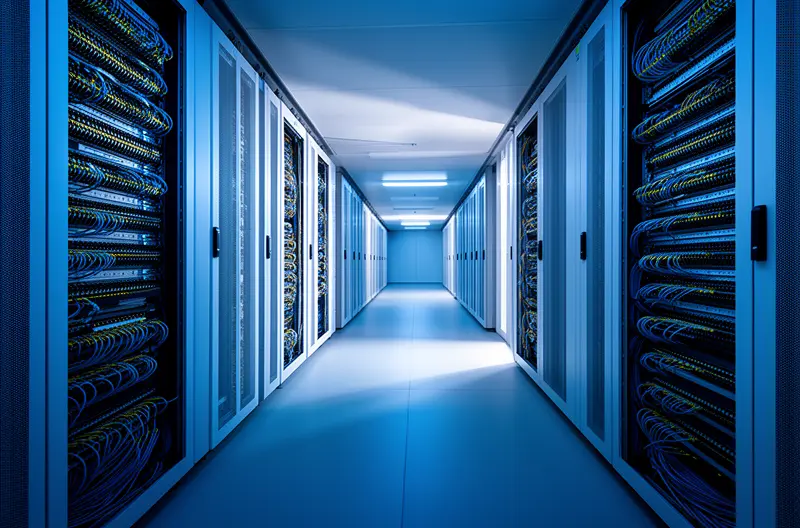 Pasillo central de un centro de datos empresarial con armarios de fibra óptica