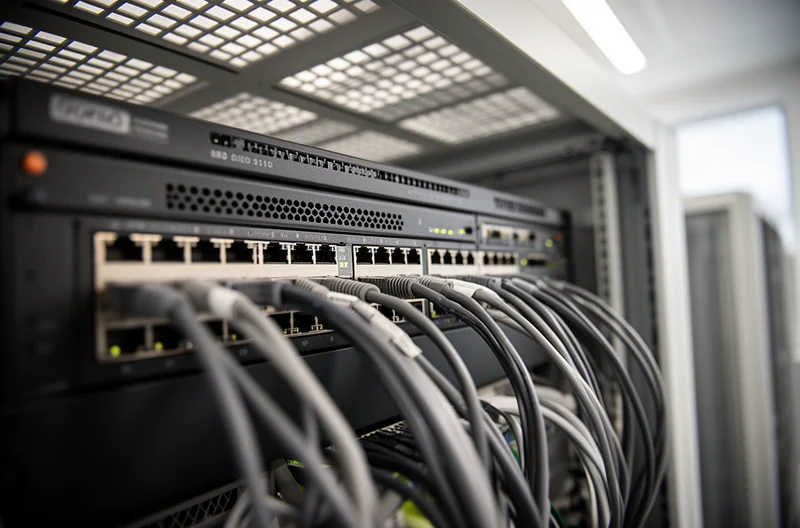 Detalhe de um switch gerido com todas as portas em patch e cabos de ligação organizados Detalhe de um switch gerido com todas as portas em patch e cabos de ligação organizados