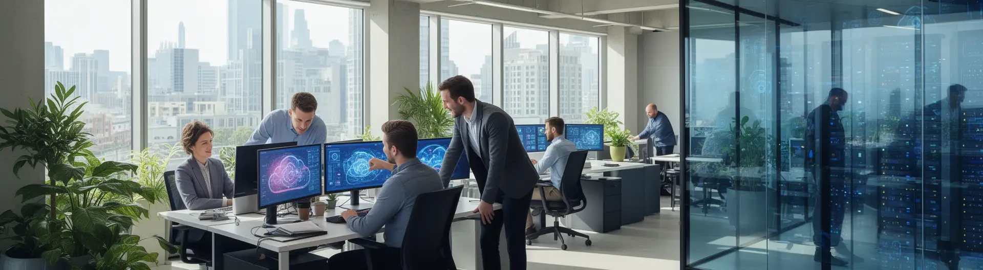 Ecrãs de monitorização a mostrar o estado da infraestrutura do cliente em tempo real Ecrãs de monitorização a mostrar o estado da infraestrutura do cliente em tempo real