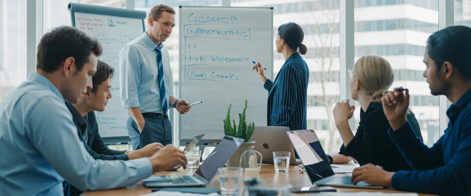 IT consulting team reviewing infrastructure plans, Technology consultant implementing cloud solutions, Cybersecurity expert configuring network protection, IT advisory meeting with business stakeholders, Managed services provider monitoring systems