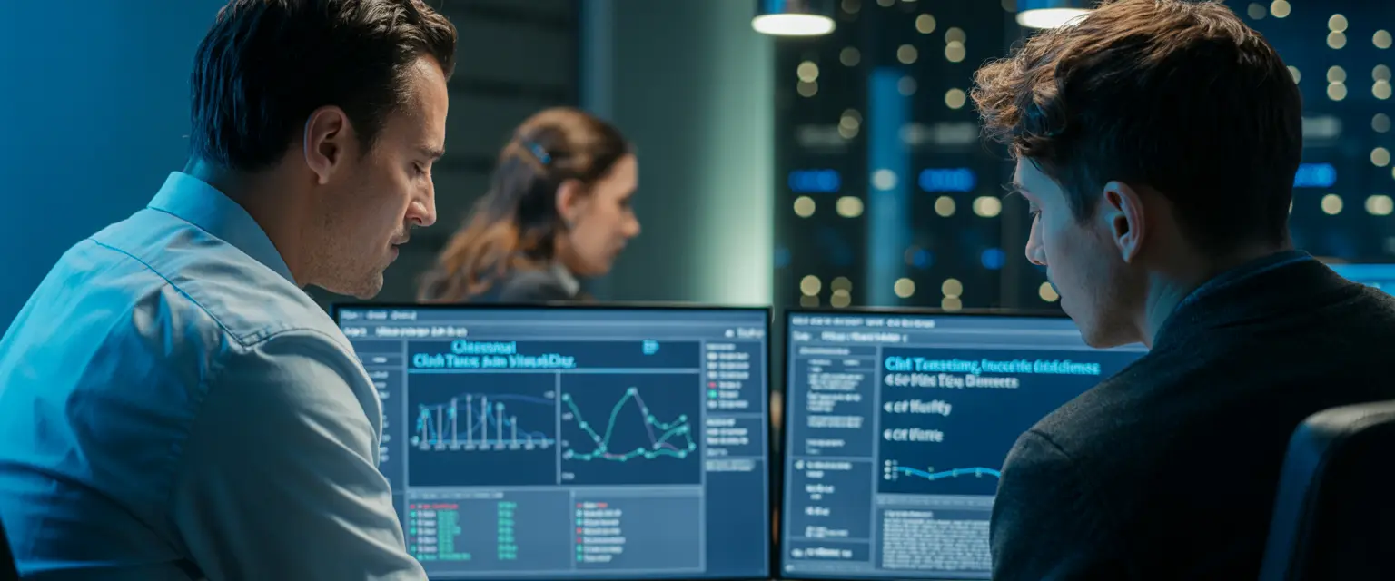 IT consulting team reviewing infrastructure plans, Technology consultant implementing cloud solutions, Cybersecurity expert configuring network protection, IT advisory meeting with business stakeholders, Managed services provider monitoring systems