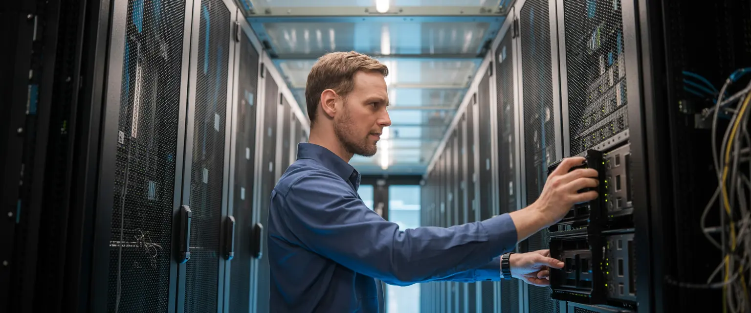 técnico informático realizando mantenimiento nacional, infraestructura de red empresarial distribuida, soporte técnico presencial en oficinas España, centro de procesamiento datos empresarial seguro, equipo consultoría tecnológica cobertura nacional