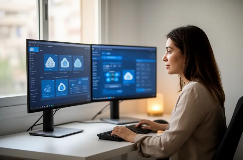IT technician providing on-site computer support in Valencia office environment, Remote IT support specialist monitoring business network infrastructure systems, Professional IT maintenance engineer inspecting server equipment in Valencia data centre, Business team collaborating using secure cloud technology solutions, Cybersecurity professional implementing network protection measures for Valencia company