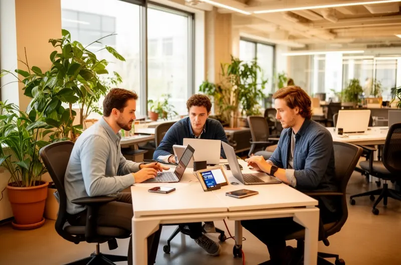 IT support team collaborating on network infrastructure management, Business professionals evaluating IT service provider proposals, Cybersecurity specialist monitoring enterprise firewall dashboard, Managed services engineer performing proactive system maintenance, IT consultant discussing cloud migration strategy with client