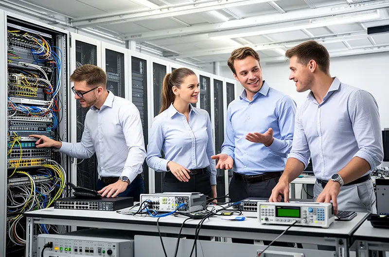 IT support team collaborating on network infrastructure management, Business professionals evaluating IT service provider proposals, Cybersecurity specialist monitoring enterprise firewall dashboard, Managed services engineer performing proactive system maintenance, IT consultant discussing cloud migration strategy with client