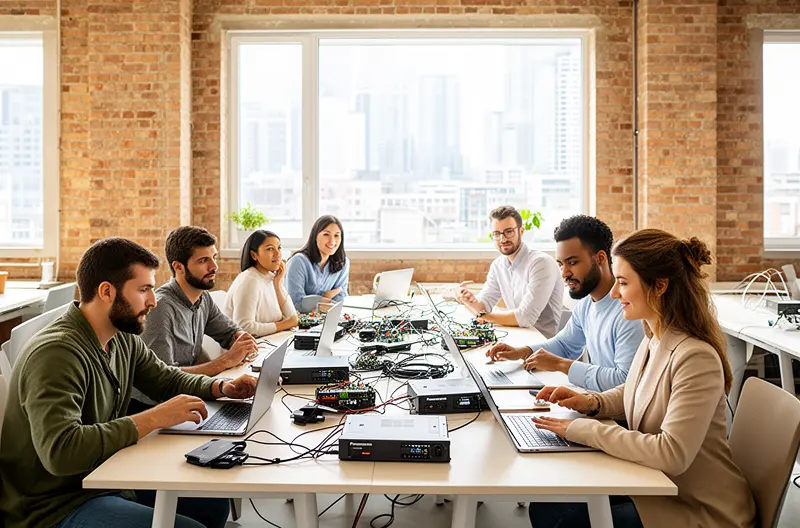 Técnico especializado realizando mantenimiento preventivo en centralita Panasonic empresarial, Instalación profesional de centralita híbrida Panasonic en oficina moderna, Panel de control centralita IP Panasonic con configuración avanzada, Sistema de telefonía Panasonic integrado con terminales IP y analógicos, Equipo técnico realizando diagnóstico remoto de centralita Panasonic