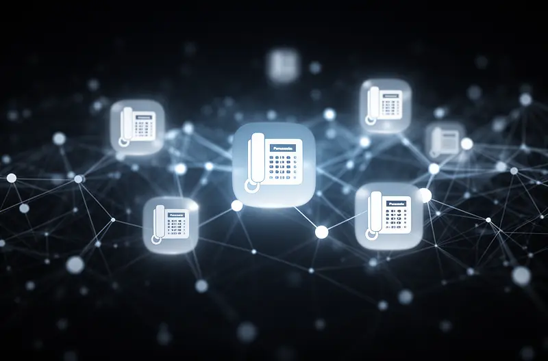 Técnico especializado realizando mantenimiento preventivo en centralita Panasonic empresarial, Instalación profesional de centralita híbrida Panasonic en oficina moderna, Panel de control centralita IP Panasonic con configuración avanzada, Sistema de telefonía Panasonic integrado con terminales IP y analógicos, Equipo técnico realizando diagnóstico remoto de centralita Panasonic