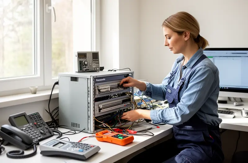 Técnico especializado realizando mantenimiento preventivo en centralita Panasonic empresarial, Instalación profesional de centralita híbrida Panasonic en oficina moderna, Panel de control centralita IP Panasonic con configuración avanzada, Sistema de telefonía Panasonic integrado con terminales IP y analógicos, Equipo técnico realizando diagnóstico remoto de centralita Panasonic