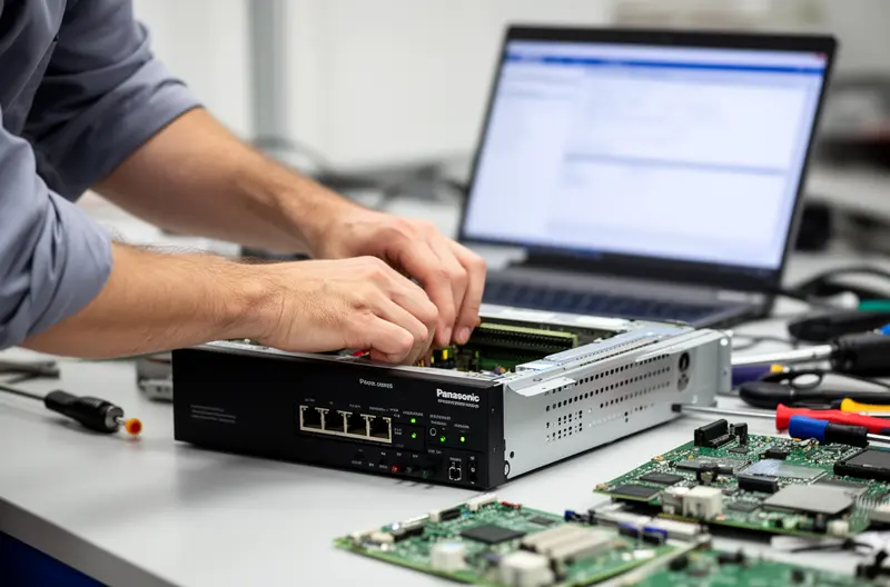 Técnico especializado realizando mantenimiento preventivo en centralita Panasonic empresarial, Instalación profesional de centralita híbrida Panasonic en oficina moderna, Panel de control centralita IP Panasonic con configuración avanzada, Sistema de telefonía Panasonic integrado con terminales IP y analógicos, Equipo técnico realizando diagnóstico remoto de centralita Panasonic