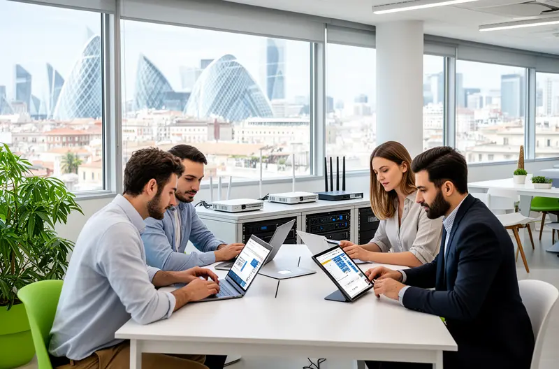 Equipo técnico instalando infraestructura de red en oficinas de Madrid, Sala de servidores con sistemas de monitorización y ciberseguridad activos, Consultor tecnológico asesorando a empresa sobre soluciones IT en Madrid, Centro de operaciones con soporte técnico remoto y presencial, Infraestructura cloud y redes híbridas implementadas en empresa madrileña
