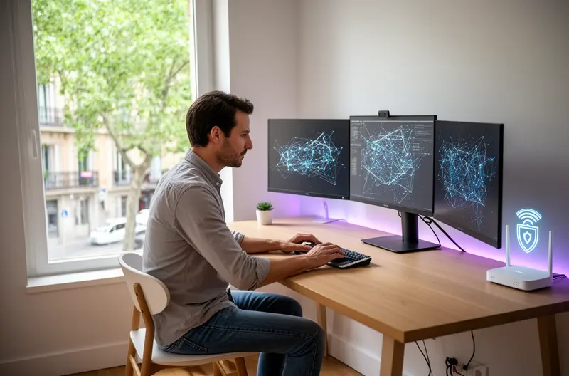 Equipo técnico instalando infraestructura de red en oficinas de Madrid, Sala de servidores con sistemas de monitorización y ciberseguridad activos, Consultor tecnológico asesorando a empresa sobre soluciones IT en Madrid, Centro de operaciones con soporte técnico remoto y presencial, Infraestructura cloud y redes híbridas implementadas en empresa madrileña