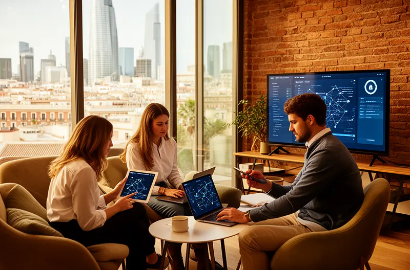 Equipo técnico instalando infraestructura de red en oficinas de Madrid, Sala de servidores con sistemas de monitorización y ciberseguridad activos, Consultor tecnológico asesorando a empresa sobre soluciones IT en Madrid, Centro de operaciones con soporte técnico remoto y presencial, Infraestructura cloud y redes híbridas implementadas en empresa madrileña