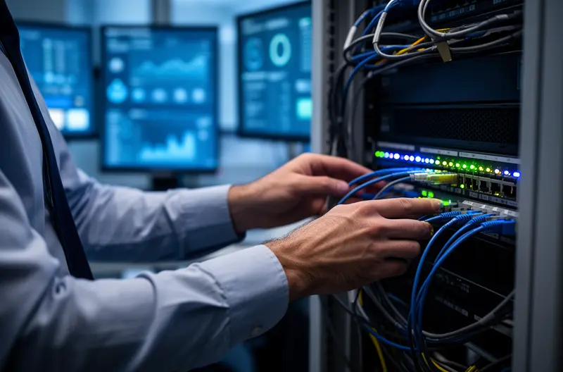 Equipo técnico instalando infraestructura de red en oficinas de Madrid, Sala de servidores con sistemas de monitorización y ciberseguridad activos, Consultor tecnológico asesorando a empresa sobre soluciones IT en Madrid, Centro de operaciones con soporte técnico remoto y presencial, Infraestructura cloud y redes híbridas implementadas en empresa madrileña