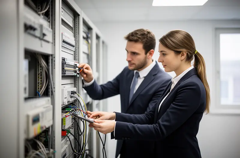 Técnico realizando mantenimiento preventivo en centralita telefónica empresarial, Panel de control de centralita con indicadores LED de estado operativo, Rack organizado con cableado estructurado para sistema de comunicaciones, Monitorización remota de centralita telefónica en pantalla de ordenador, Equipo de centralita telefónica en CPD con climatización controlada