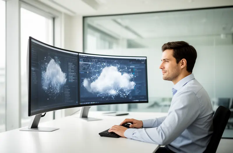 Técnico realizando mantenimiento preventivo en centralita telefónica empresarial, Panel de control de centralita con indicadores LED de estado operativo, Rack organizado con cableado estructurado para sistema de comunicaciones, Monitorización remota de centralita telefónica en pantalla de ordenador, Equipo de centralita telefónica en CPD con climatización controlada