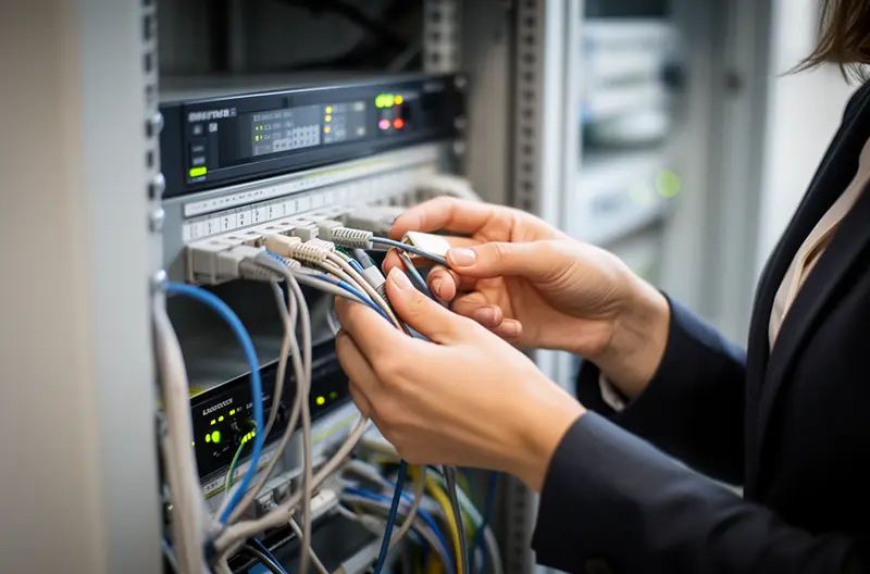 Técnico realizando mantenimiento preventivo en centralita telefónica empresarial, Panel de control de centralita con indicadores LED de estado operativo, Rack organizado con cableado estructurado para sistema de comunicaciones, Monitorización remota de centralita telefónica en pantalla de ordenador, Equipo de centralita telefónica en CPD con climatización controlada