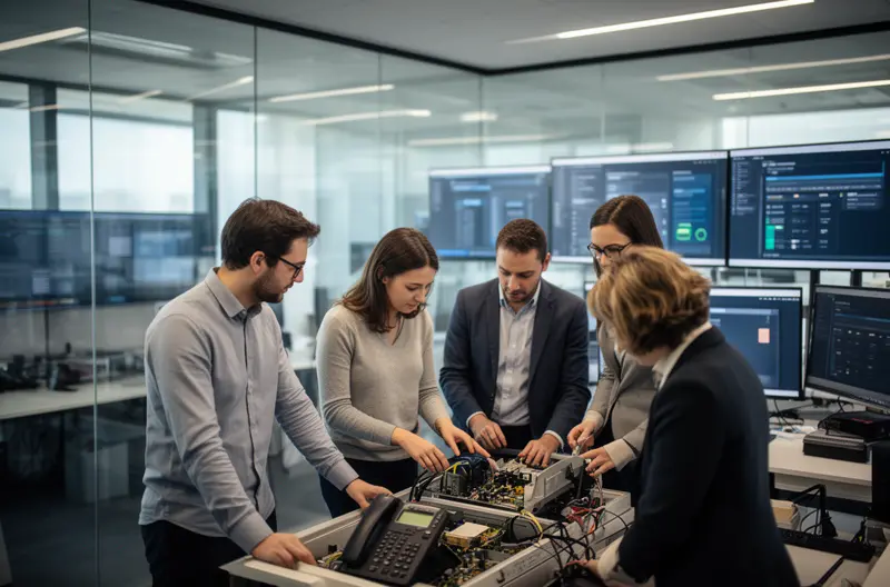 Técnico realizando mantenimiento preventivo en centralita telefónica empresarial, Panel de control de centralita con indicadores LED de estado operativo, Rack organizado con cableado estructurado para sistema de comunicaciones, Monitorización remota de centralita telefónica en pantalla de ordenador, Equipo de centralita telefónica en CPD con climatización controlada