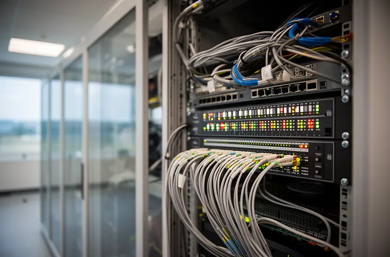 Técnico realizando mantenimiento preventivo en centralita telefónica empresarial, Panel de control de centralita con indicadores LED de estado operativo, Rack organizado con cableado estructurado para sistema de comunicaciones, Monitorización remota de centralita telefónica en pantalla de ordenador, Equipo de centralita telefónica en CPD con climatización controlada