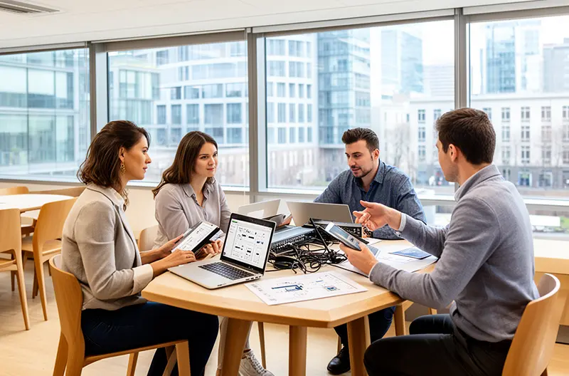 Técnico instalando servidor empresarial en rack de datos, Configuración inicial de sistema operativo en servidor corporativo, Profesional realizando copias de seguridad previas a instalación, Arquitectura de red segura para acceso remoto empresarial, Equipo técnico ejecutando mantenimiento preventivo de servidores