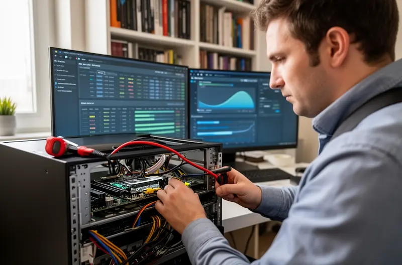 Técnico instalando servidor empresarial en rack de datos, Configuración inicial de sistema operativo en servidor corporativo, Profesional realizando copias de seguridad previas a instalación, Arquitectura de red segura para acceso remoto empresarial, Equipo técnico ejecutando mantenimiento preventivo de servidores