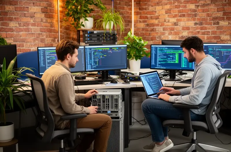 Técnico instalando servidor empresarial en rack de datos, Configuración inicial de sistema operativo en servidor corporativo, Profesional realizando copias de seguridad previas a instalación, Arquitectura de red segura para acceso remoto empresarial, Equipo técnico ejecutando mantenimiento preventivo de servidores