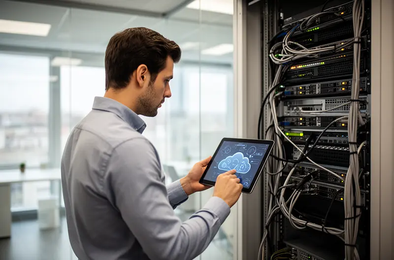 Técnico realizando mantenimiento preventivo en servidor empresarial en Madrid, Equipo de soporte informático revisando infraestructura de red corporativa, Monitorización proactiva de sistemas informáticos en empresa madrileña, Profesional configurando firewall y seguridad perimetral en oficina, Auditoría técnica de equipos informáticos en entorno empresarial