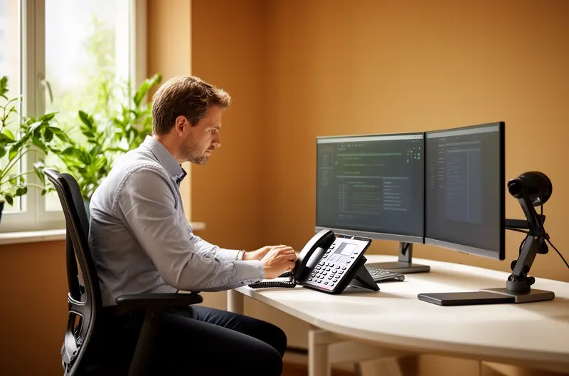 Centralita telefónica moderna instalada en oficina empresarial, Sistema VoIP con teléfonos IP conectados en red corporativa, Comparativa visual entre centralita analógica y digital para empresas, Panel de control de centralita telefónica con extensiones activas, Equipo técnico configurando sistema de comunicación empresarial