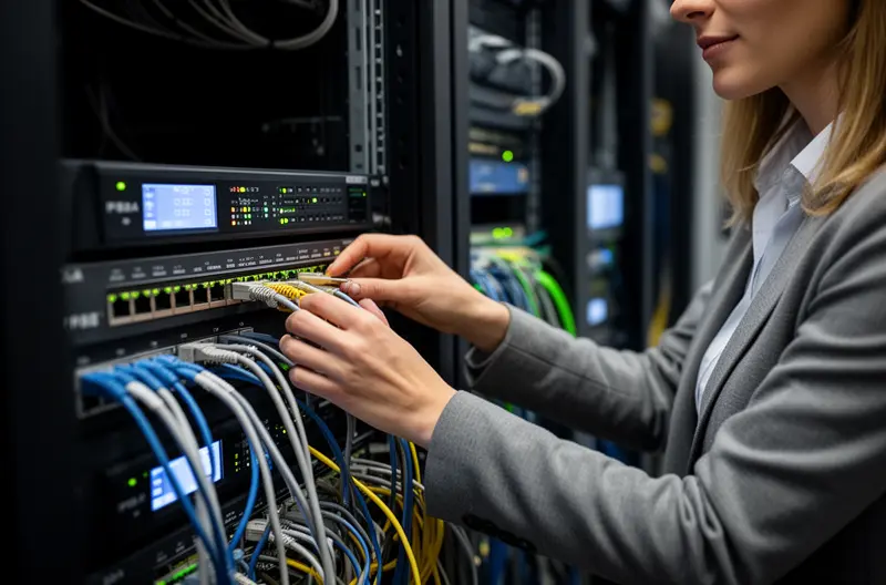 Centralita telefónica moderna instalada en oficina empresarial, Sistema VoIP con teléfonos IP conectados en red corporativa, Comparativa visual entre centralita analógica y digital para empresas, Panel de control de centralita telefónica con extensiones activas, Equipo técnico configurando sistema de comunicación empresarial