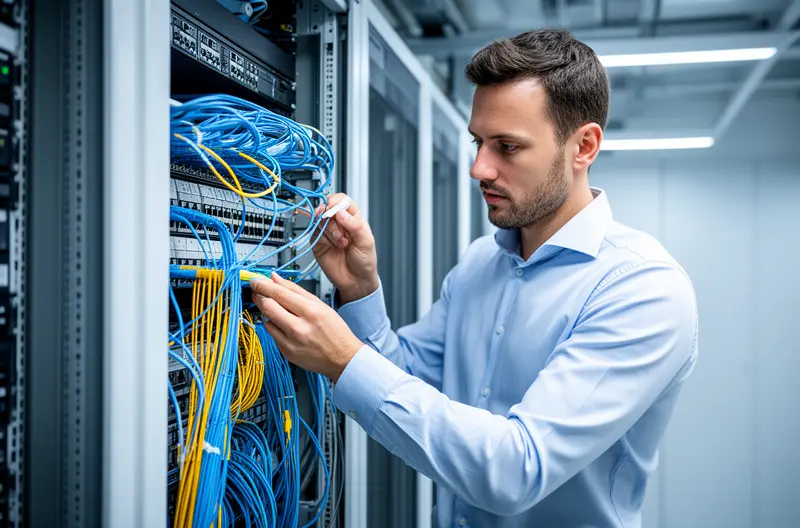 Sistema de cableado estructurado en rack de telecomunicaciones empresarial, Instalación profesional de cables de red categoría 6A en oficina moderna, Patch panel organizado con etiquetado normalizado en centro de datos, Técnico certificando enlaces de fibra óptica en backbone vertical, Infraestructura de red estructurada con canalizaciones y tomas RJ45