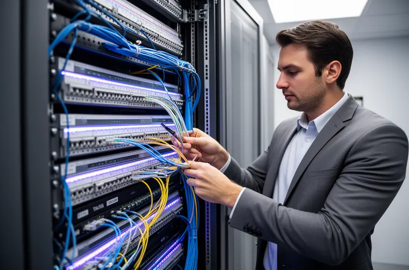 Sistema de cableado estructurado en rack de telecomunicaciones empresarial, Instalación profesional de cables de red categoría 6A en oficina moderna, Patch panel organizado con etiquetado normalizado en centro de datos, Técnico certificando enlaces de fibra óptica en backbone vertical, Infraestructura de red estructurada con canalizaciones y tomas RJ45