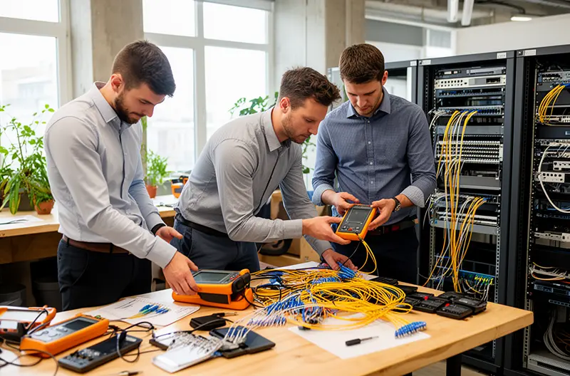 Sistema de cableado estructurado en rack de telecomunicaciones empresarial, Instalación profesional de cables de red categoría 6A en oficina moderna, Patch panel organizado con etiquetado normalizado en centro de datos, Técnico certificando enlaces de fibra óptica en backbone vertical, Infraestructura de red estructurada con canalizaciones y tomas RJ45
