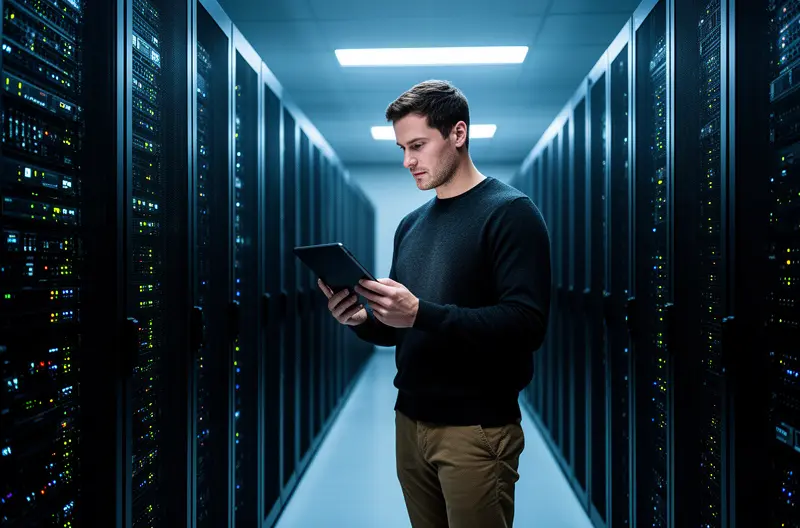 equipo de ingenieros realizando consultoría informática en oficina de Madrid, infraestructura de servidores y redes gestionada por técnicos especializados, sistema de seguridad informática con firewall protegiendo red empresarial, profesionales IT analizando arquitectura de sistemas en sala de reuniones, centro de datos con equipos de backup y almacenamiento redundante