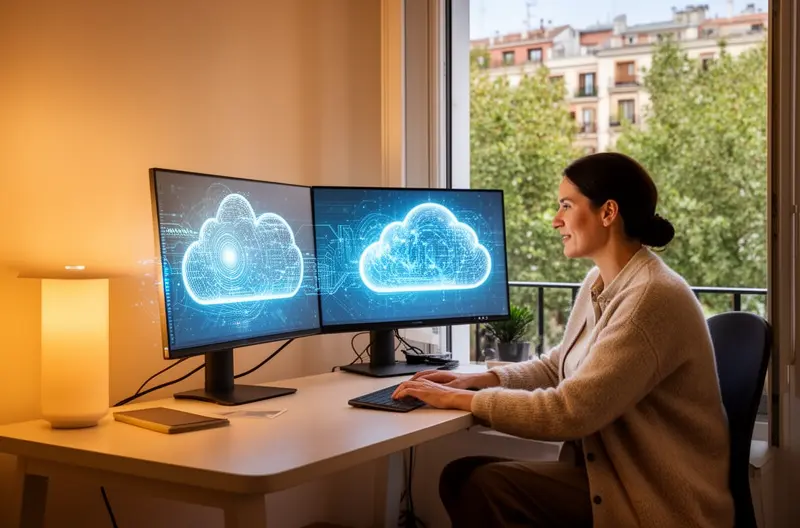 equipo de ingenieros realizando consultoría informática en oficina de Madrid, infraestructura de servidores y redes gestionada por técnicos especializados, sistema de seguridad informática con firewall protegiendo red empresarial, profesionales IT analizando arquitectura de sistemas en sala de reuniones, centro de datos con equipos de backup y almacenamiento redundante