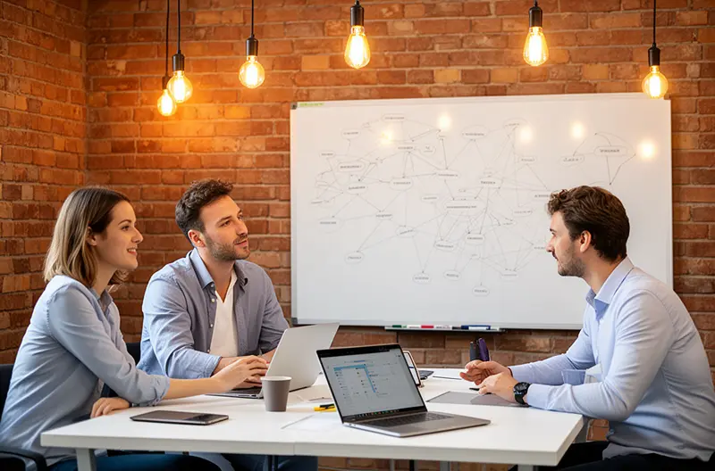 equipo de ingenieros realizando consultoría informática en oficina de Madrid, infraestructura de servidores y redes gestionada por técnicos especializados, sistema de seguridad informática con firewall protegiendo red empresarial, profesionales IT analizando arquitectura de sistemas en sala de reuniones, centro de datos con equipos de backup y almacenamiento redundante