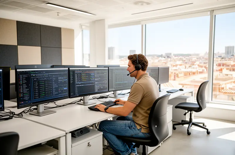 equipo de ingenieros realizando consultoría informática en oficina de Madrid, infraestructura de servidores y redes gestionada por técnicos especializados, sistema de seguridad informática con firewall protegiendo red empresarial, profesionales IT analizando arquitectura de sistemas en sala de reuniones, centro de datos con equipos de backup y almacenamiento redundante