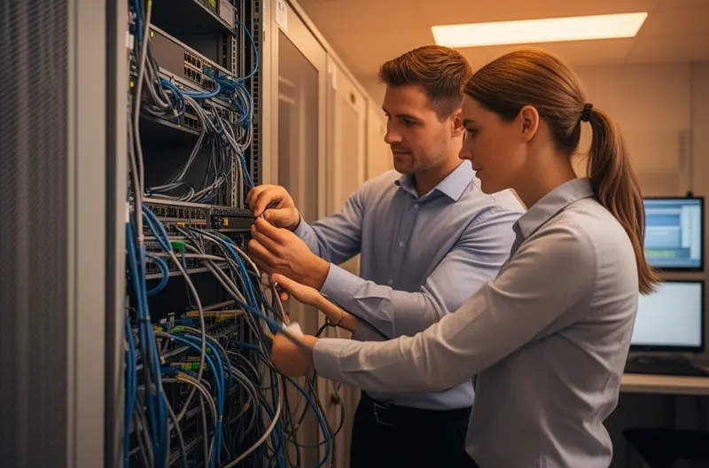 equipo de técnicos informáticos trabajando en centro de datos empresarial, profesional de IT configurando infraestructura de red segura, pantalla mostrando dashboard de monitorización de sistemas en tiempo real, consultor tecnológico asesorando a directivos sobre soluciones cloud, servidor empresarial con sistemas de backup y protección de datos