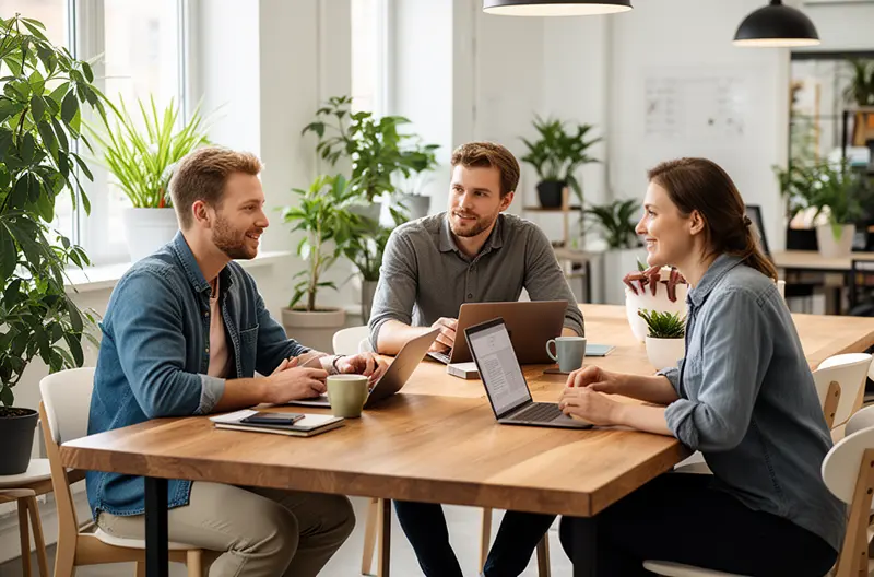 equipo de técnicos informáticos trabajando en centro de datos empresarial, profesional de IT configurando infraestructura de red segura, pantalla mostrando dashboard de monitorización de sistemas en tiempo real, consultor tecnológico asesorando a directivos sobre soluciones cloud, servidor empresarial con sistemas de backup y protección de datos