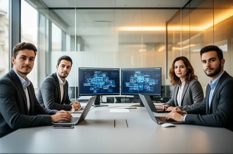 IT technician performing server maintenance in Barcelona office, network monitoring dashboard displaying system health metrics, business professional reviewing IT maintenance service agreement, computer hardware inspection and preventive maintenance procedure, IT support team resolving technical issues in Barcelona workplace