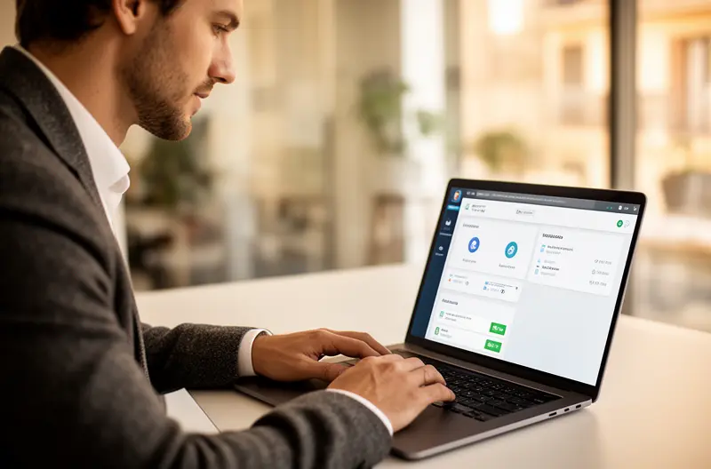 IT technician performing server maintenance in Barcelona office, network monitoring dashboard displaying system health metrics, business professional reviewing IT maintenance service agreement, computer hardware inspection and preventive maintenance procedure, IT support team resolving technical issues in Barcelona workplace