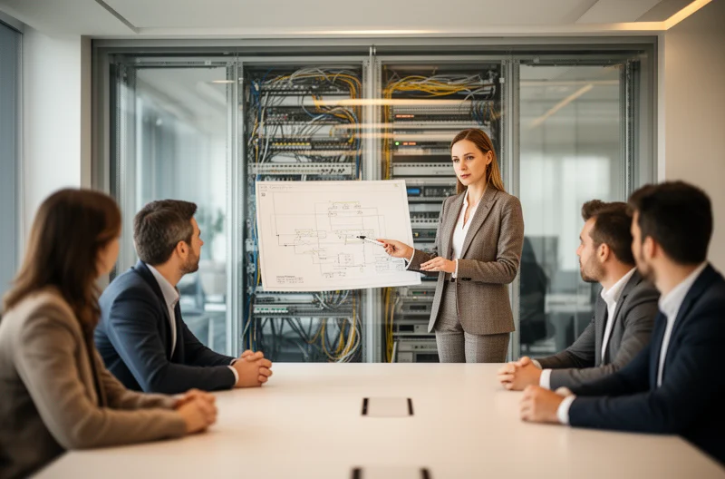 Técnico instalando cableado estructurado certificado en rack de red empresarial, Panel de parcheo profesional con cables organizados y etiquetados según normativa, Certificación de enlaces de red con equipo de medición profesional, Infraestructura de fibra óptica en centro de datos corporativo, Diseño de red estructurada con topología optimizada para empresa