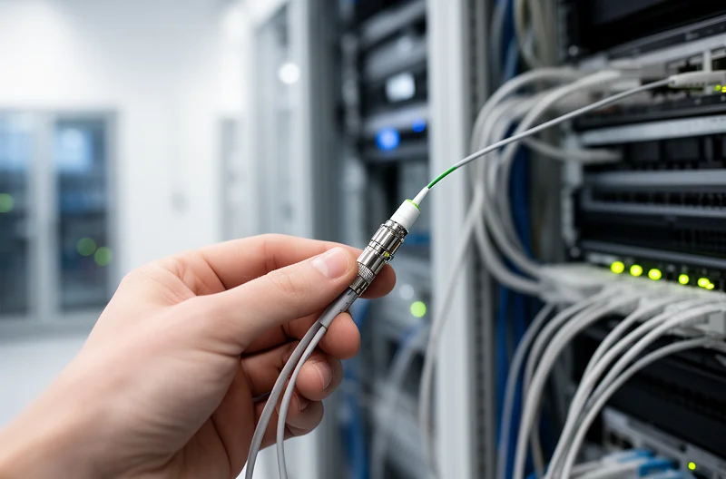 Técnico instalando cableado estructurado certificado en rack de red empresarial, Panel de parcheo profesional con cables organizados y etiquetados según normativa, Certificación de enlaces de red con equipo de medición profesional, Infraestructura de fibra óptica en centro de datos corporativo, Diseño de red estructurada con topología optimizada para empresa